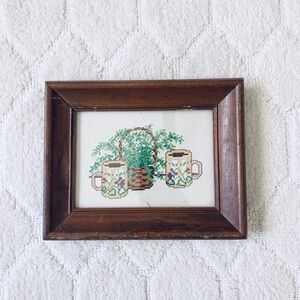 Vintage Retro MCM Framed Needlepoint Crewel plants & coffee wall hanging cottage